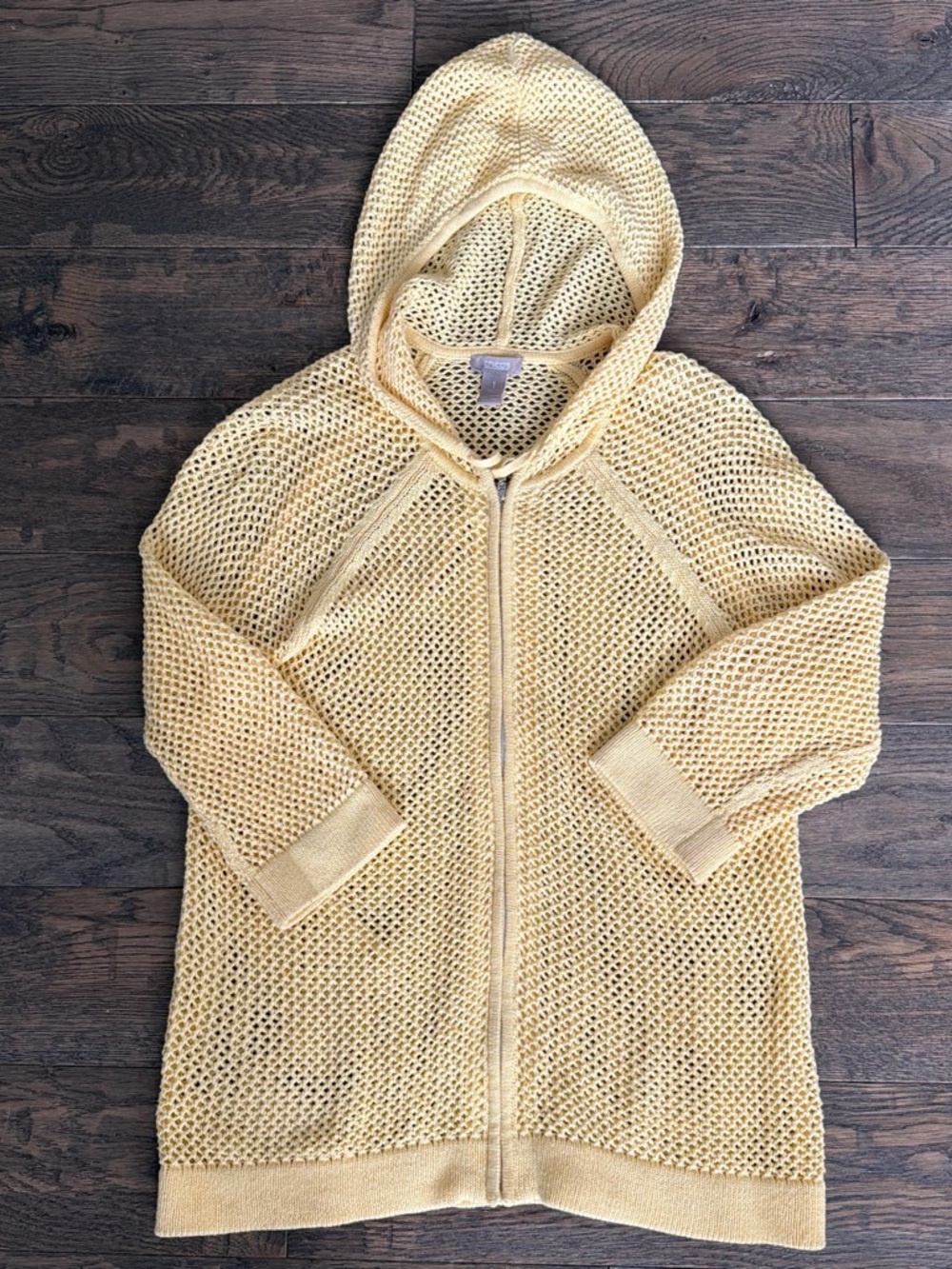 Chico's Pale Yellow Open-Knit Zip Front Hoodie
